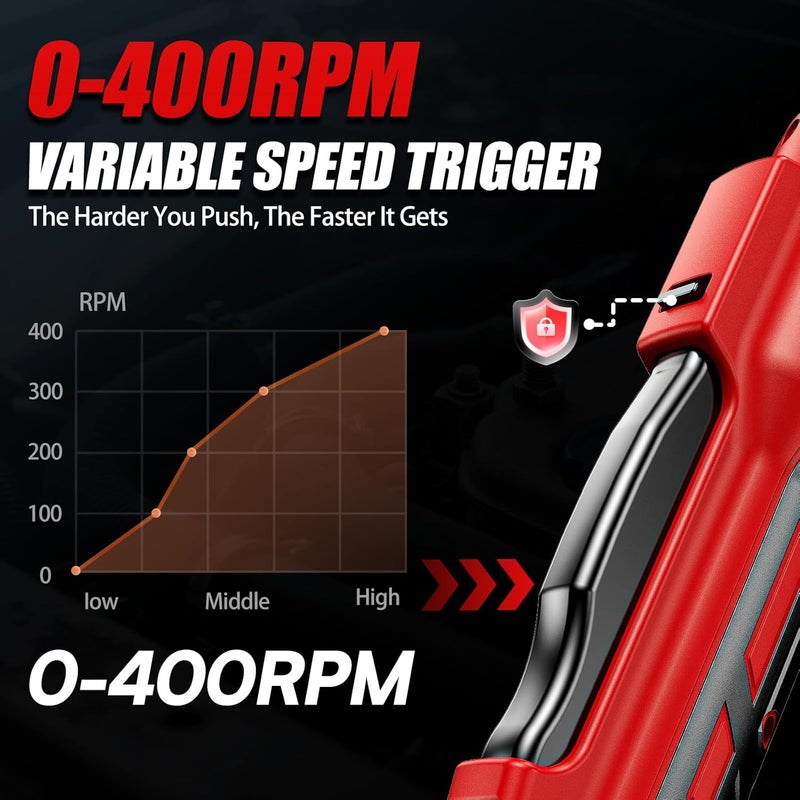 DEVTBLUN 21V Electric Ratchet Wrench Set,60FT-LBS (80N.m) Extended Cordless Ratchet Wrench with 2x 2.0Ah Battery,3/8" 400 RPM Variable Speed Power Ratchet Driver Set with 7 Sockets,1/4 Adaptor, 3"Extension Bar - Image 5